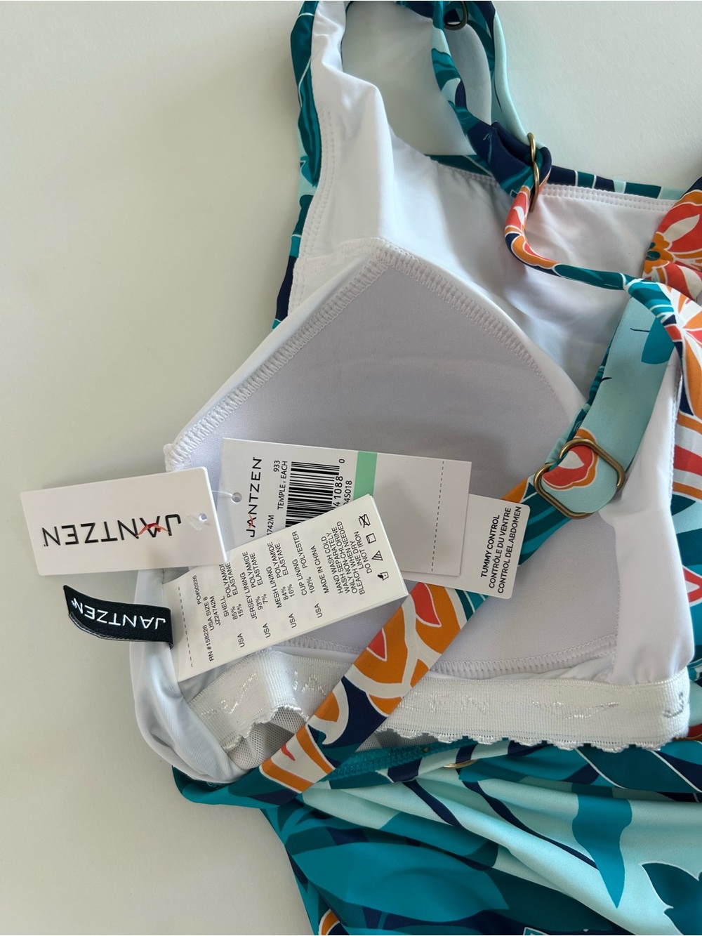 Jantzen NWT Layla Cross Back High Neck Floral Swimsuit 8 Print Aqua Green Peach - Picture 3 of 4